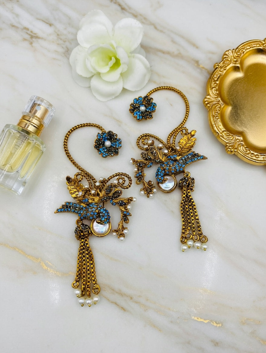 Turkish Bird Pearl Tassel Earcuffs