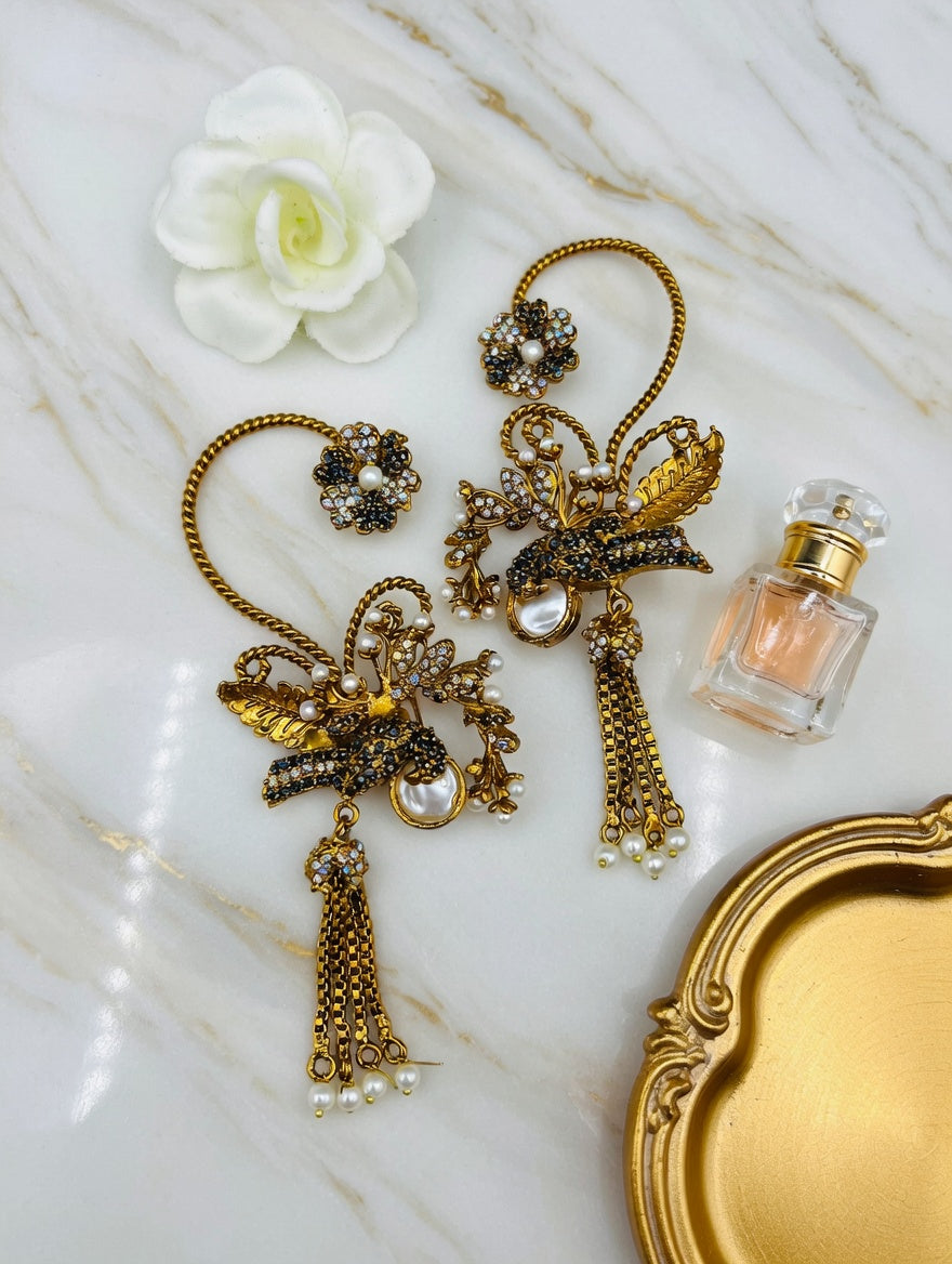 Turkish Bird Pearl Tassel Earcuffs