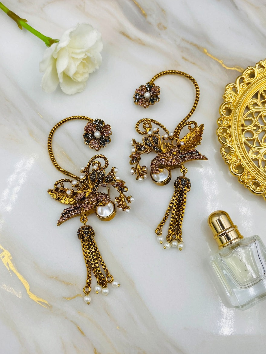Turkish Bird Pearl Tassel Earcuffs