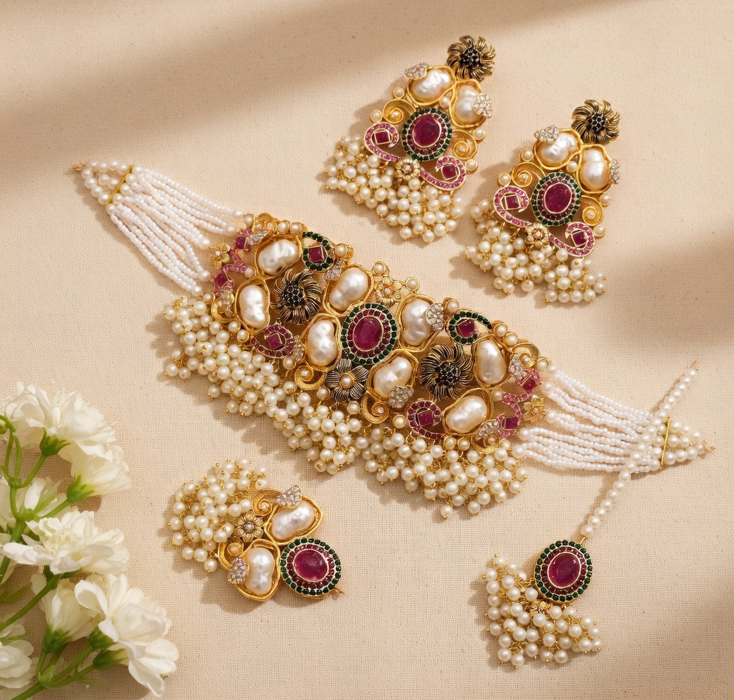 Pearl & Ruby Heavy Bridal Choker Set