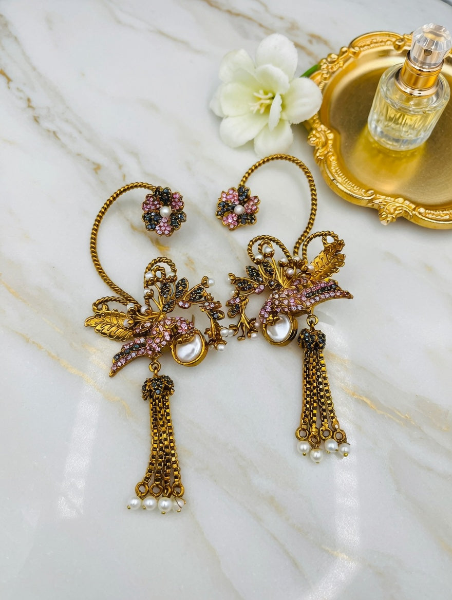 Turkish Bird Pearl Tassel Earcuffs