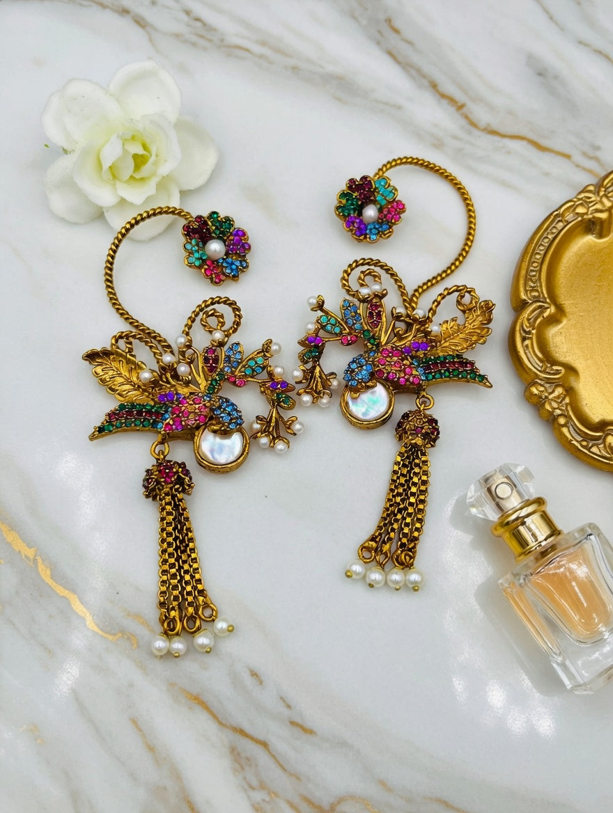 Turkish Bird Pearl Tassel Earcuffs